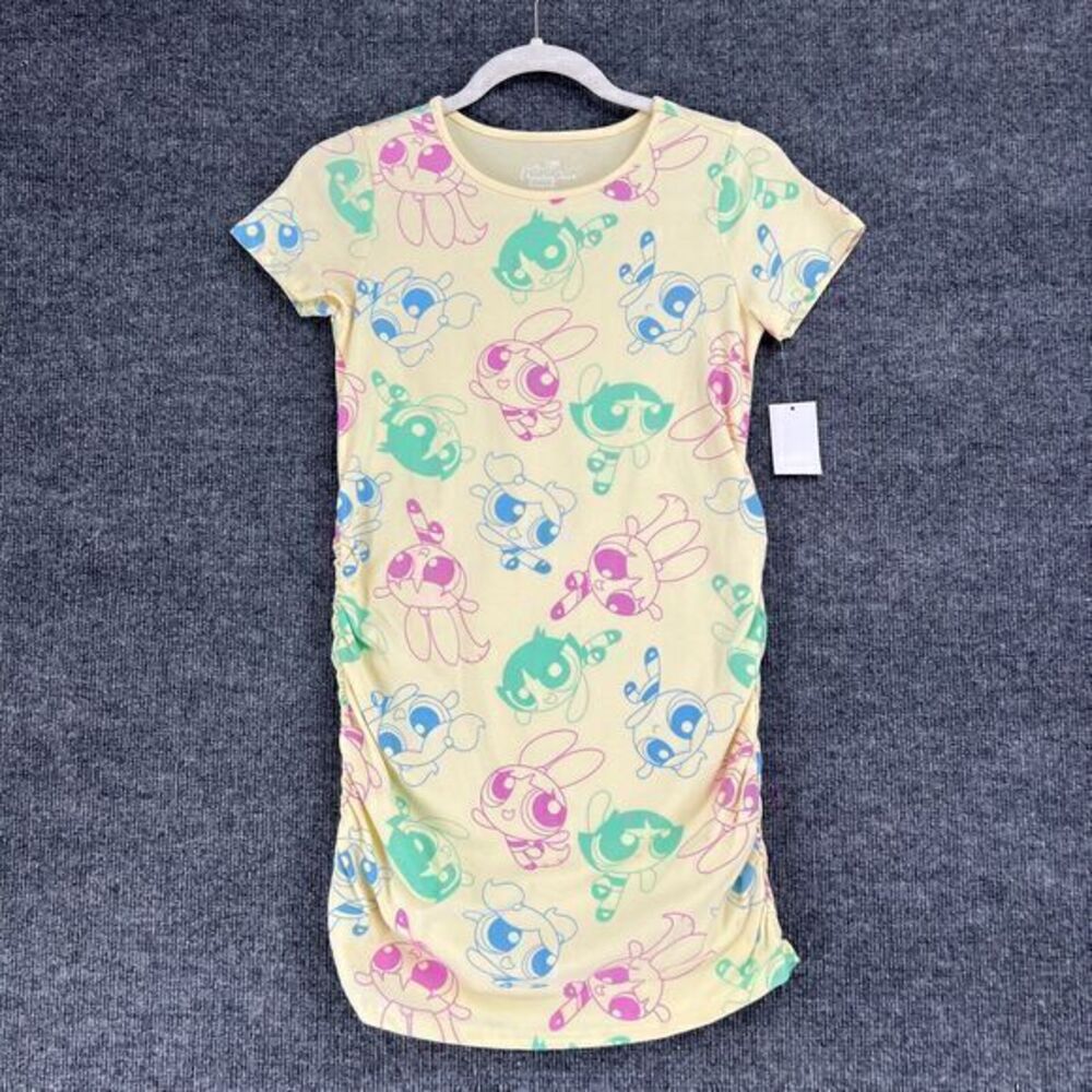 Power Puff Girls Dress Size L 10-12 Yellow Fitted Bodycon All Over Print New